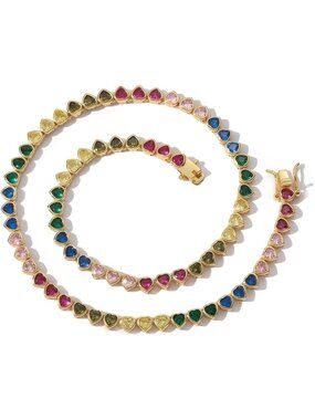 Colorful Rainbow Heart Tennis Chain Necklace, 18" Iced Out CZ Choker, Trendy Hip